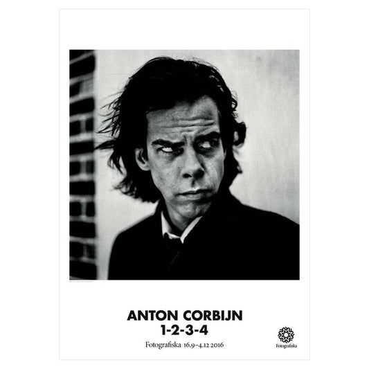 Black and white headshot of Nick Cave, looking to his left with a suspicious look on his face. Exhibition title below: Anton Corbijn | 1-2-3-4