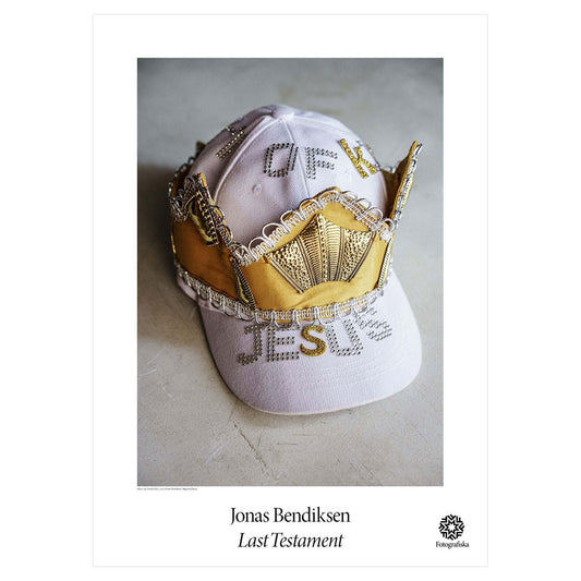 White cap with golden highlights and "Of Jesus" written in gold. Exhibition title below: Jonas Bendiksen | Last Testament