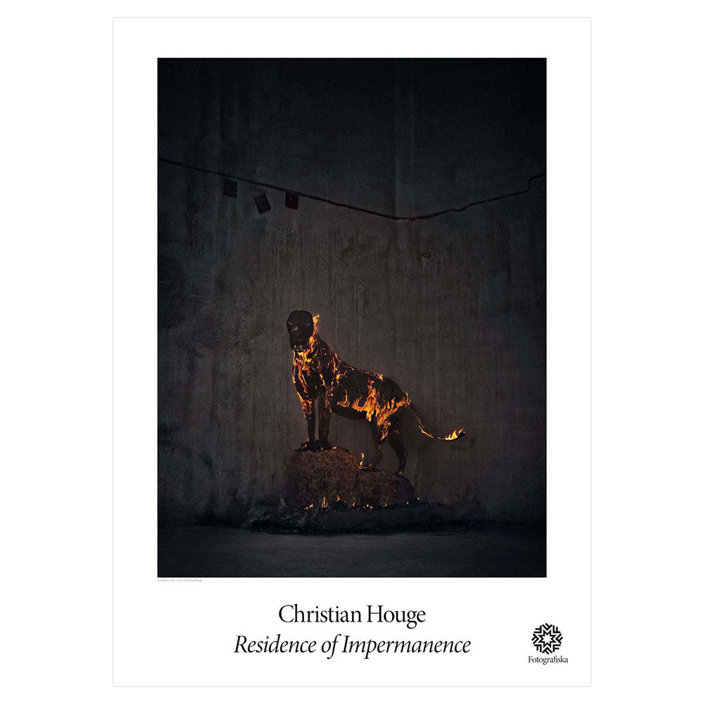 Image of lion with fire marks. Exhibition title below: Christian Houge | Residence of Impermanence