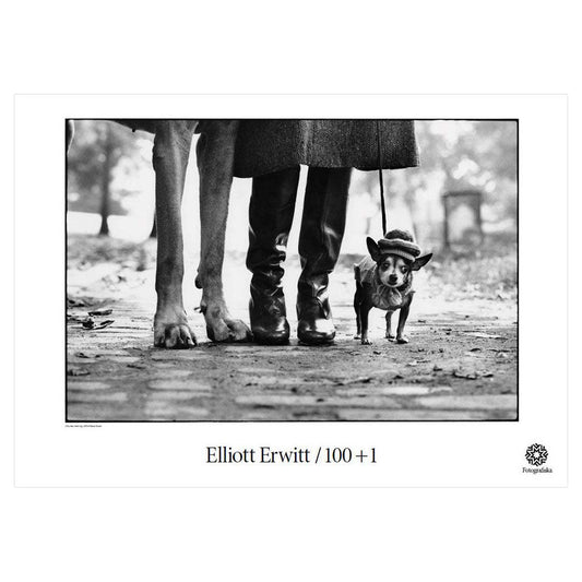Black and white closeup of small dog on a leash, next to legs with boots and giant dog legs. Exhibition title below: Elliott Erwitt | 100 + 1