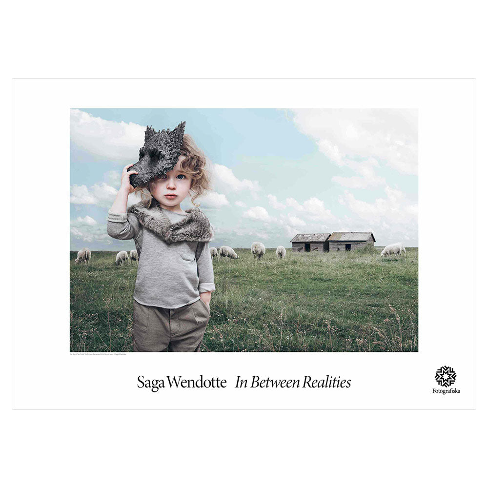 Colorful landscape image of little girl in front of grass field and building, holding an animal mask. Exhibition title below: Saga Wendotte | In Between Realities