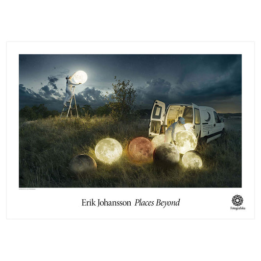 Image of white van with white moons falling out with person taking moon from night sky.  Exhibition title below: Erik Johansson | Places Beyond