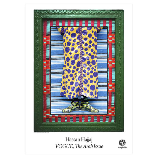Closeup of legs of female model with vibrantly patterned outfit, background, and frame. Exhibition title below: Hassan Hajjaj | Vogue, the Arab Issue