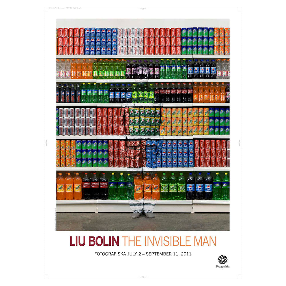Colorful image of person camouflaged in the soda aisle of a grocery store.  Exhibition title below: Liu Boilin | The Invisible Man
