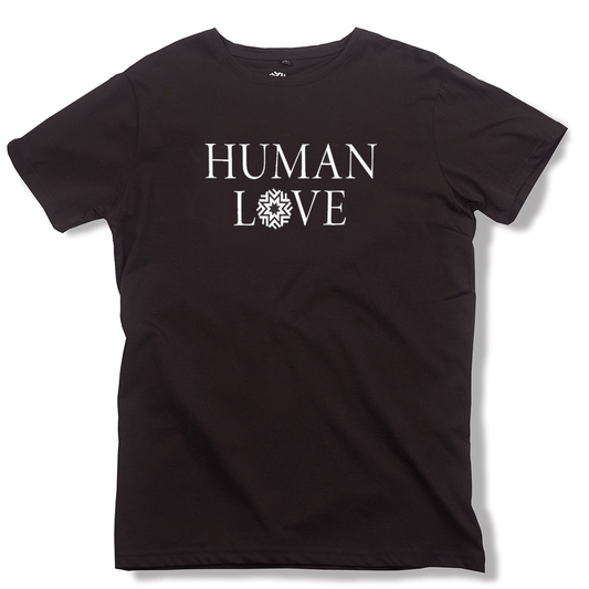 Black T-Shirt with "Human Love" in white, with the Fotografiska Logo in place of the O