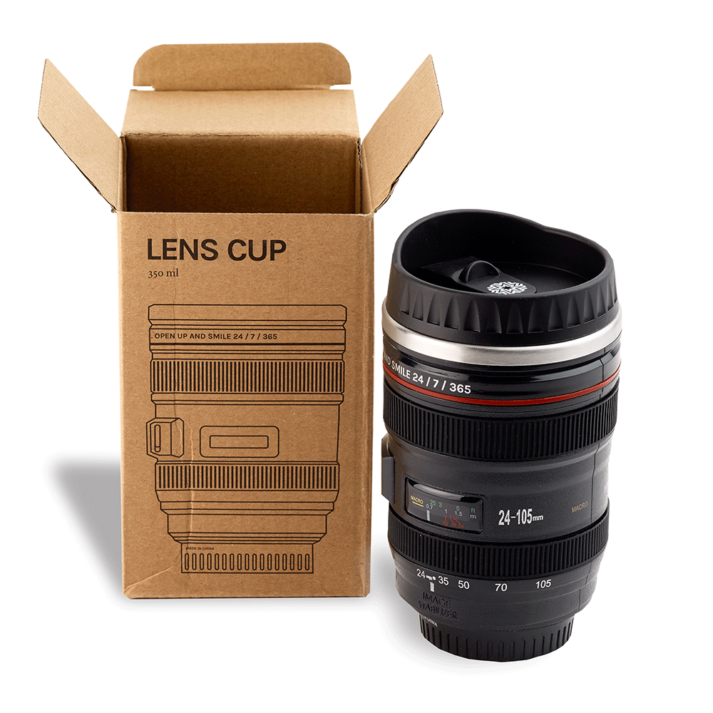 Camera Lens Cup outside of brown packaging