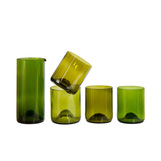 Green glass pitcher with 4 green glasses