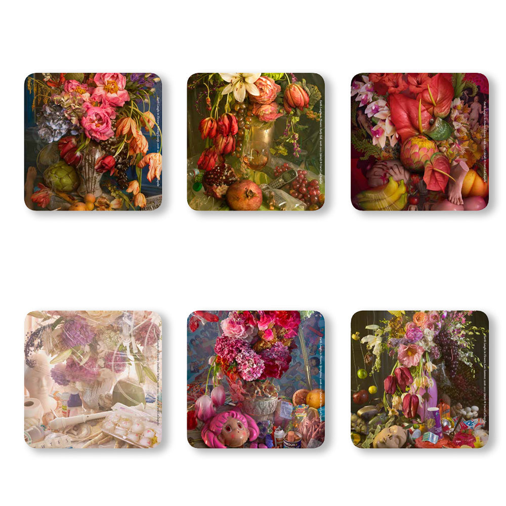 6 square coasters with flowery prints