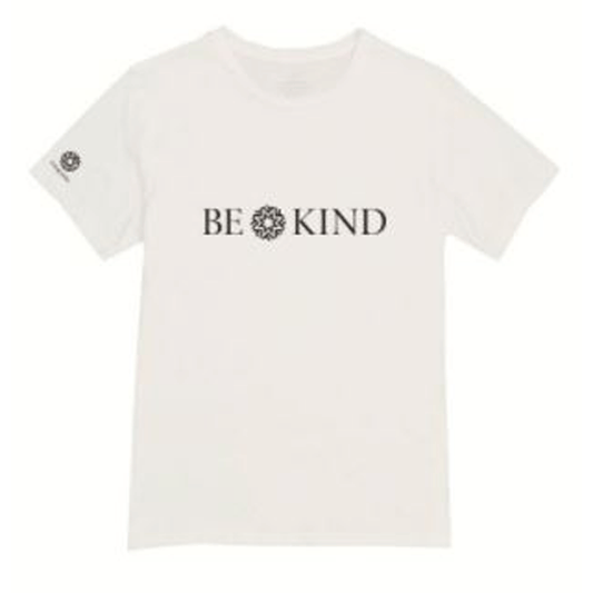 White kids t-shirt with "Be Kind" written in black on the front and exhibition logo on right sleeve