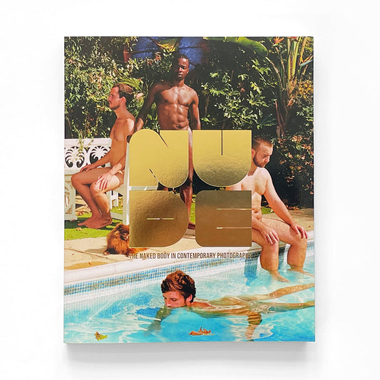 Cover of NUDE catalogue, showing three men by the pool and one man swimming.