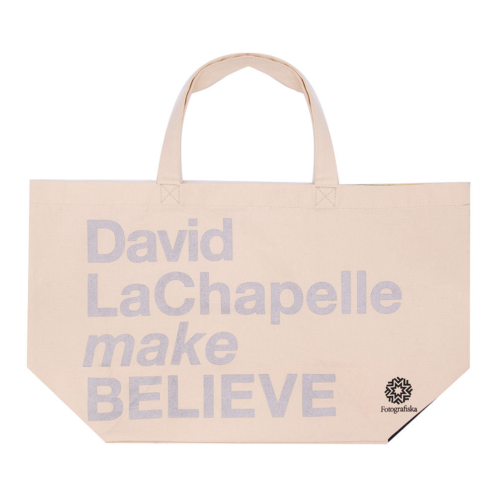 Canvas tote bag with exhibition title for David LaChapelle | Make Believe and Fotografiska logo.