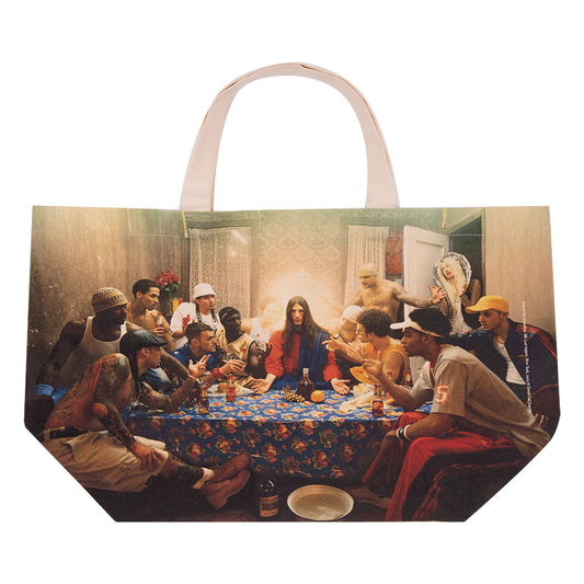 Canvas tote bag with artwork on front of Jesus sitting around table with people dressed in streetwear, by David LaChapelle.