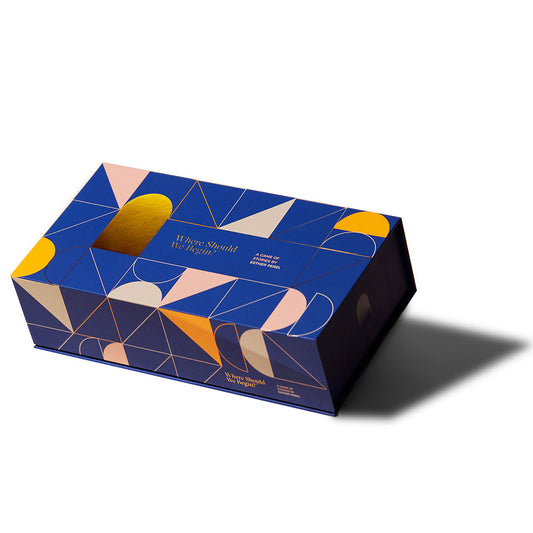 Where Should We Begin game, packaged in a beautiful blue patterned box with gold and pink shapes.
