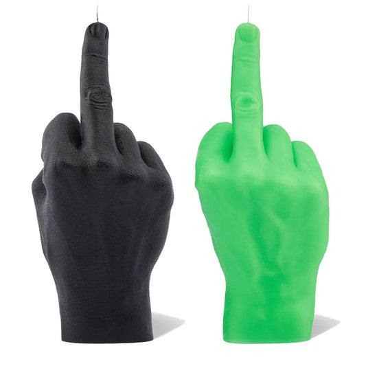 Two hand candles with the middle finger gesture, one black and one green