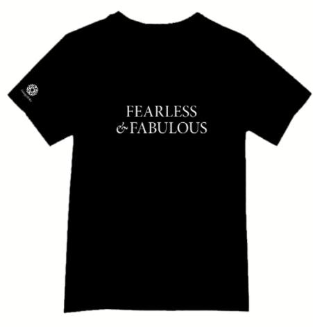 Black t-shirt with "Fearless and Fabulous" written in white.  White Fotografiska logo on right sleeve.