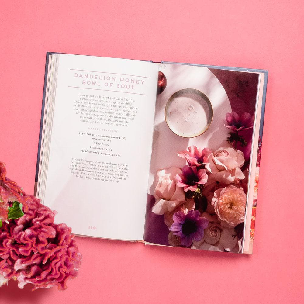 Spread shot of Floral Libations, showing beautiful floral image and cocktail on the right and text recipe on the left.