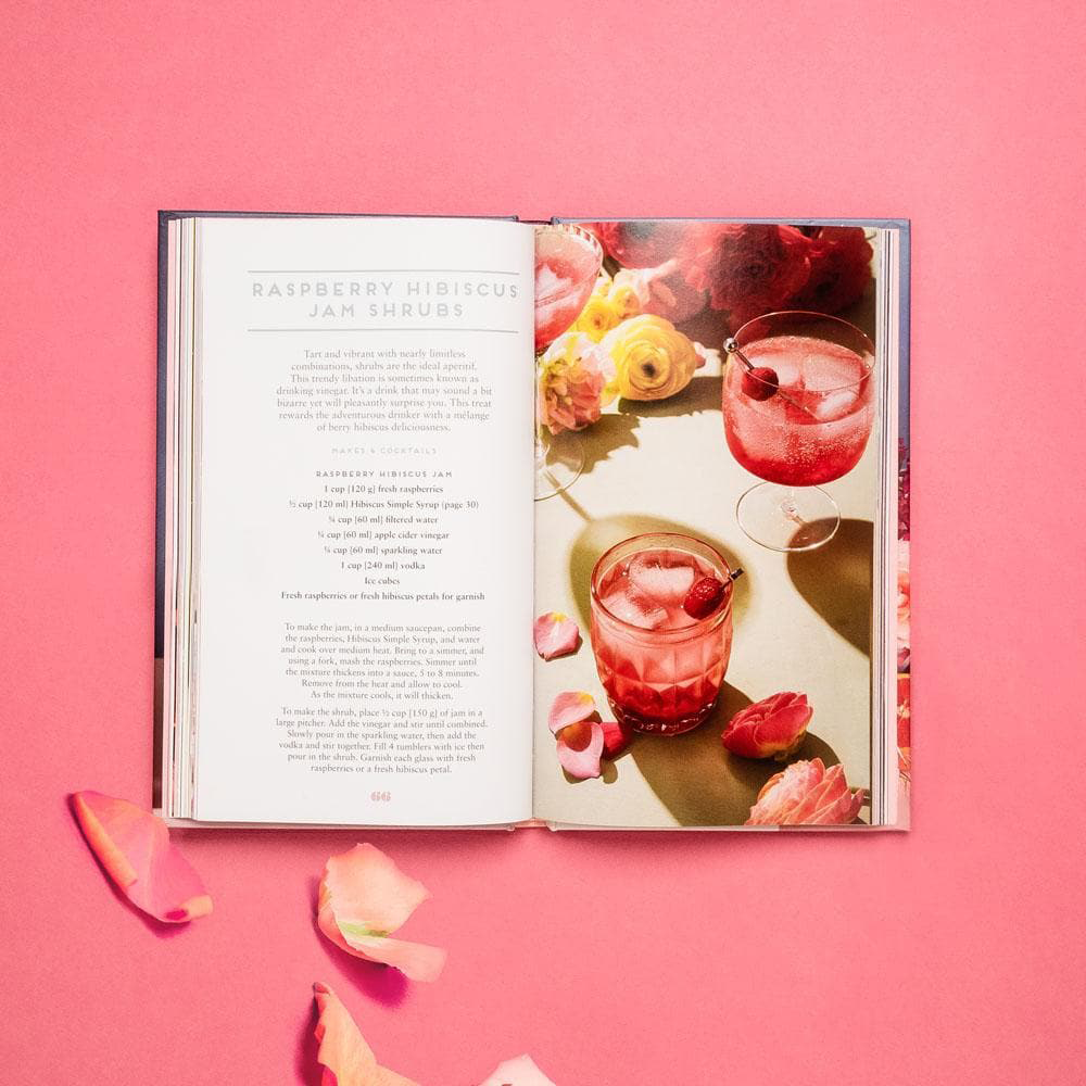 Spread shot of Floral Libations, showing beautiful floral image and cocktail on the right and text recipe on the left