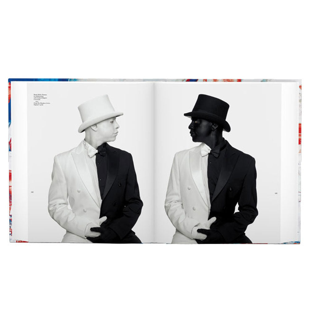 Spread of All Thins Being Equal, showing a full-width image of two people dressed in black and white suits looking at each other.