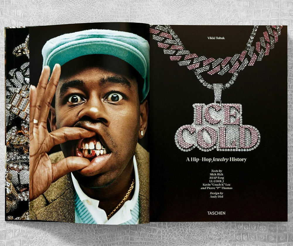 Ice Cold: Hip-Hop Jewelry History spread shot, showing image of hip hop artist on the left and book title page to the right