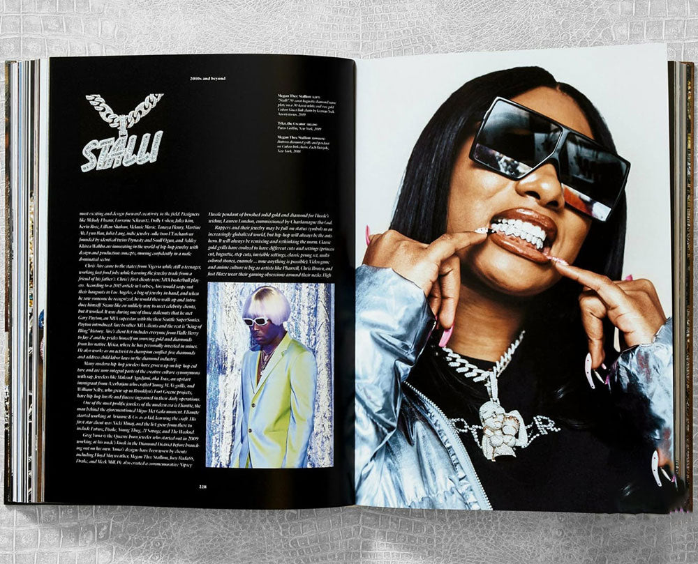 Ice Cold: Hip-Hop Jewelry History spread shot, showing color photo of hip hop artist to the right and text to the left