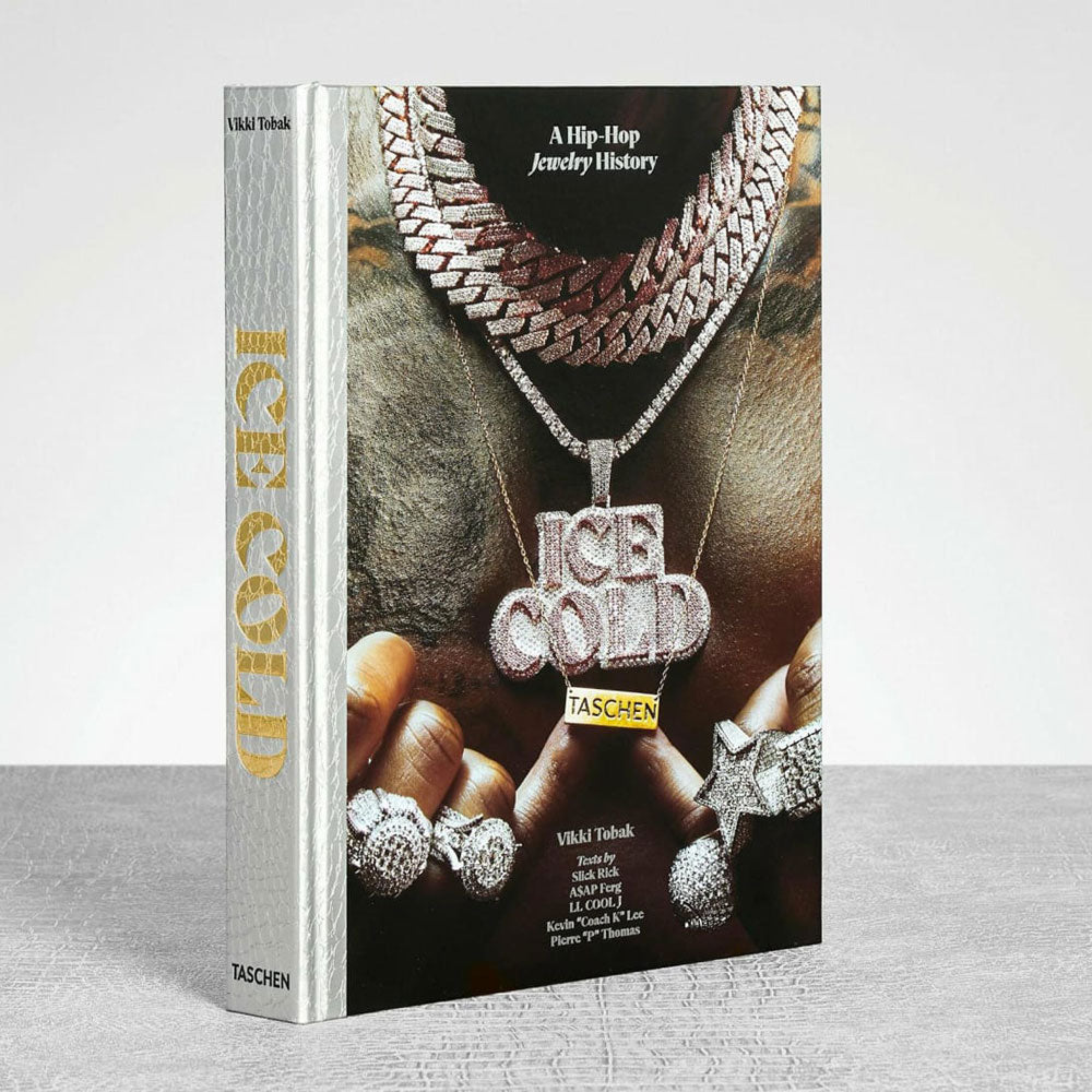 Ice Cold: Hip Hop Jewelry History Book standing up to reveal it's height and thickness.