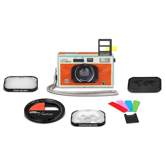 LomoApparat 21mm wide angle camera sitting in front of accessories, all included