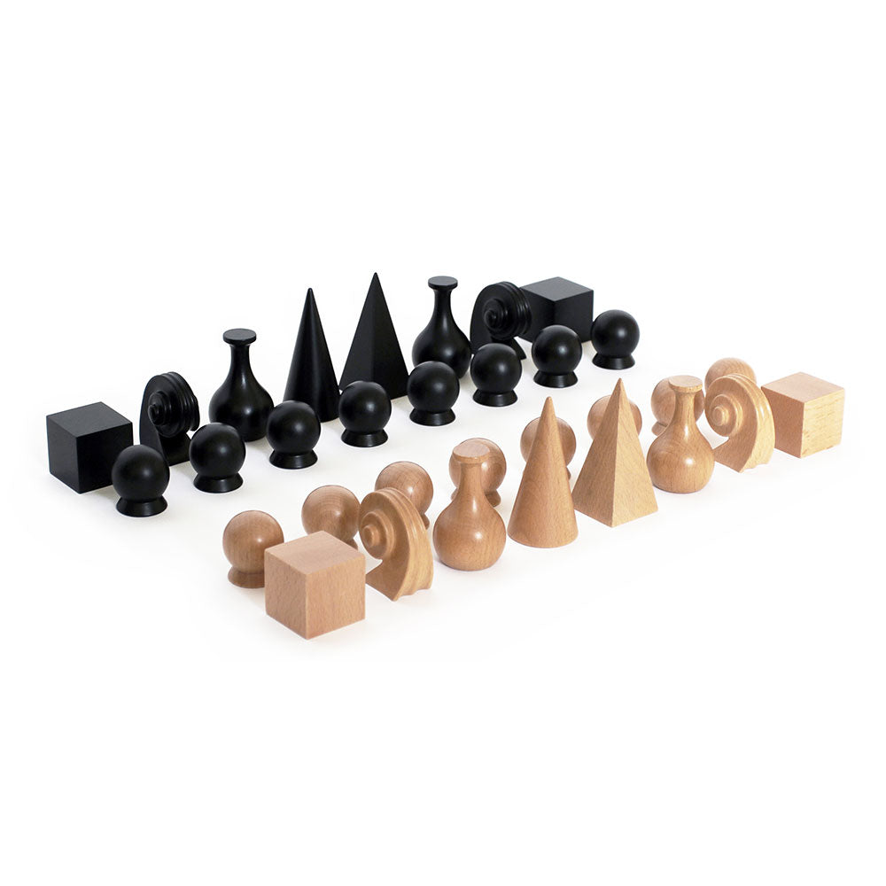 Abstractly designed chess pieces, inspired by Man Ray