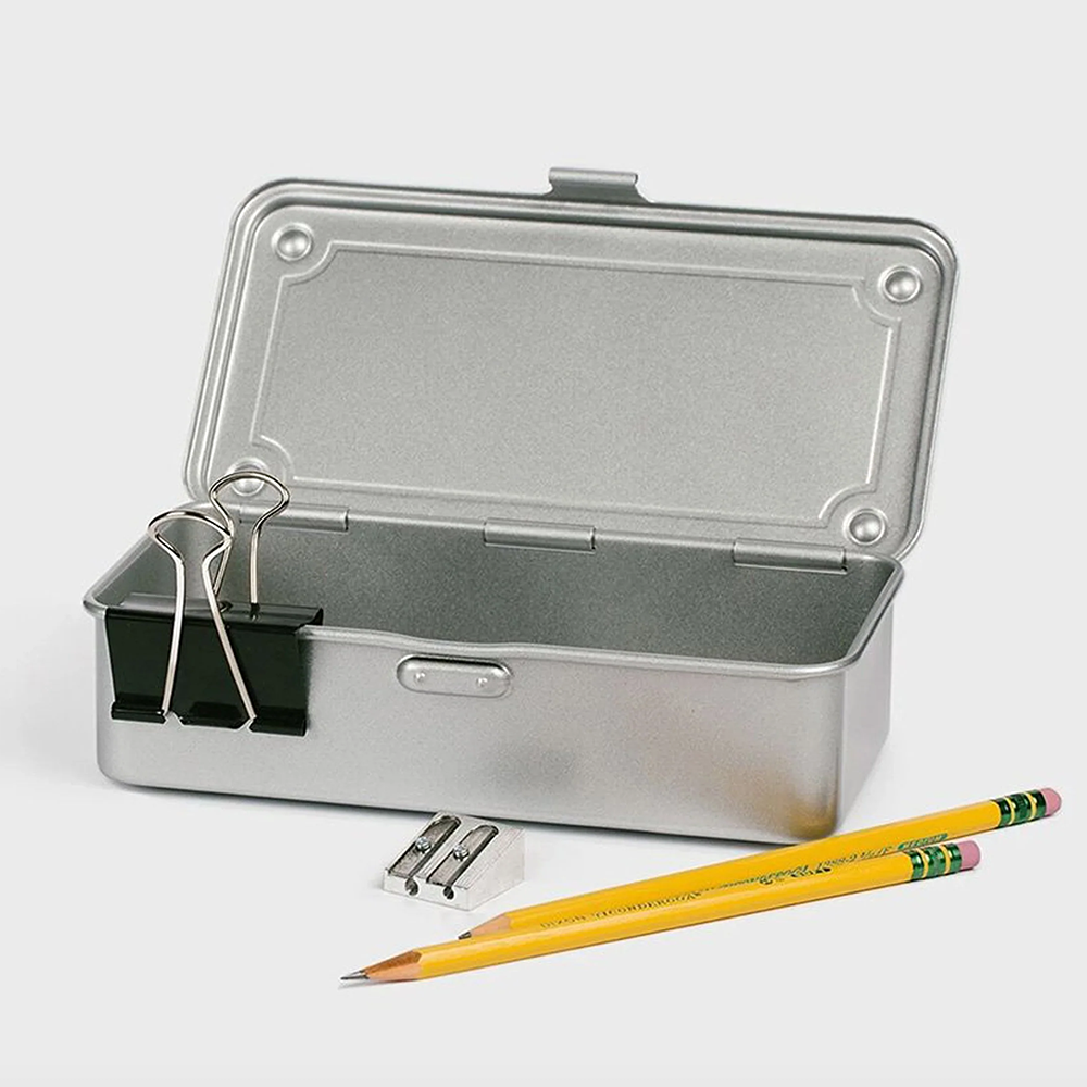 Toyo Steel Toolbox, Summer Emerald.  Lifestyle image with pencils and binder clips to show possible uses.